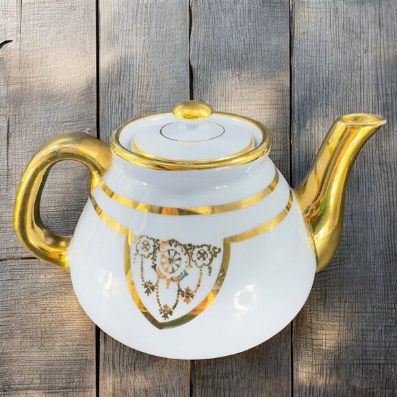 Antique Fraunfelter China Periwinkle Gold Teapot Carafe Ceramic With Lid Vintage - Picture 1 of 14